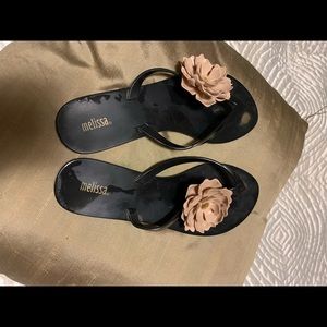 Black w/ Taupe-Pink Flowers Melissa Sandals